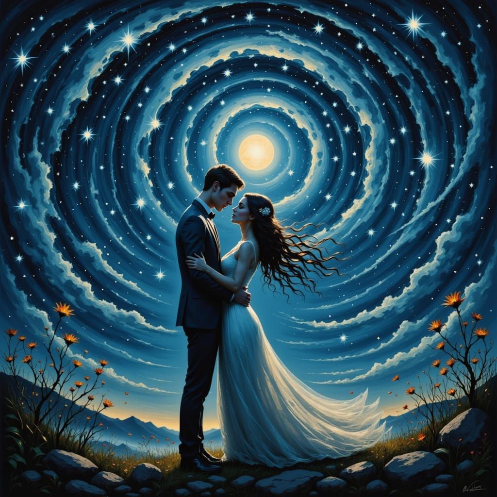 Painted romance of two lovers under the moon light embrace each other with spiral stars <lora:Korfaesu:1.0>