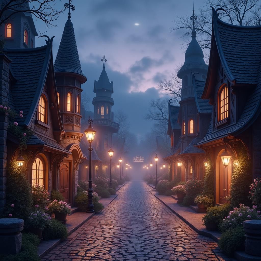 Mystical Small Town Under Starry Sky