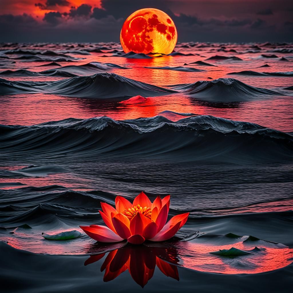 Close up of a large lotus flower enveloped by waves framed glowing red. The lotus flower is floating ...  by @Dragonlady561