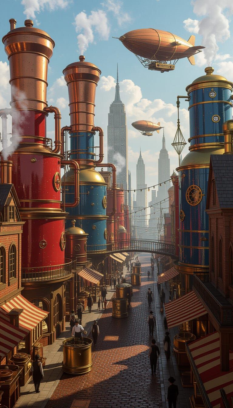 A cozy yet cluttered steampunk workshop where a mechanic-pastry chef tinkers with giant kitchen utensil machines. The room is filled with ha...