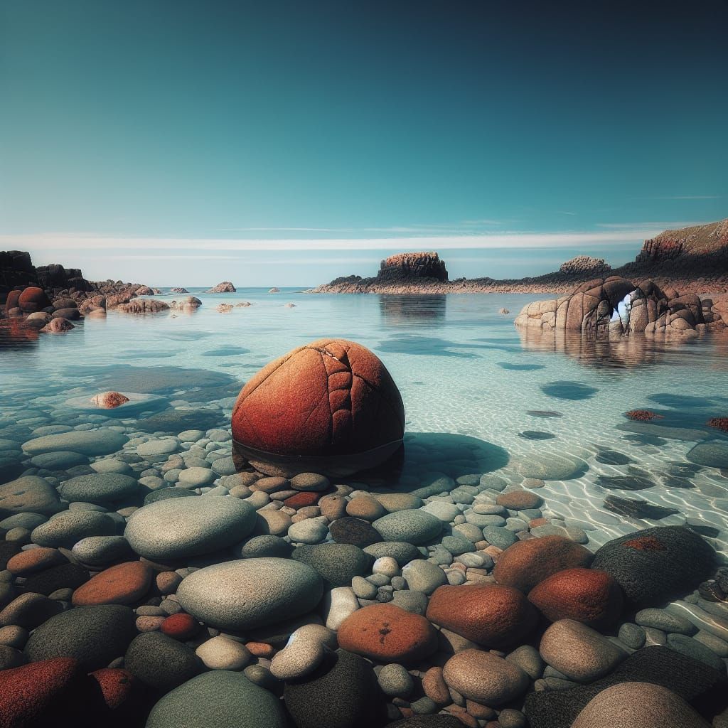 a serene coastal scene with several prominent elements contributing to its tranquil atmosphere. In the foreground, clear...