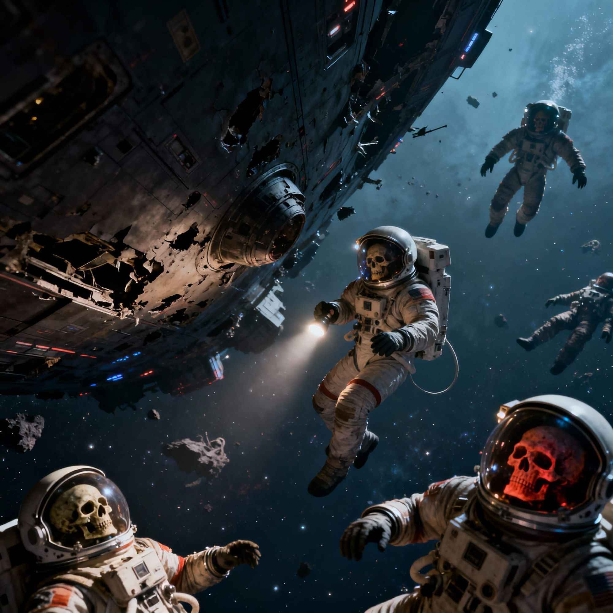 Damaged darkened starship adrift in deep space, an astronaut using a flashlight to examine a battle damaged hull, dead astronauts in spacesu...