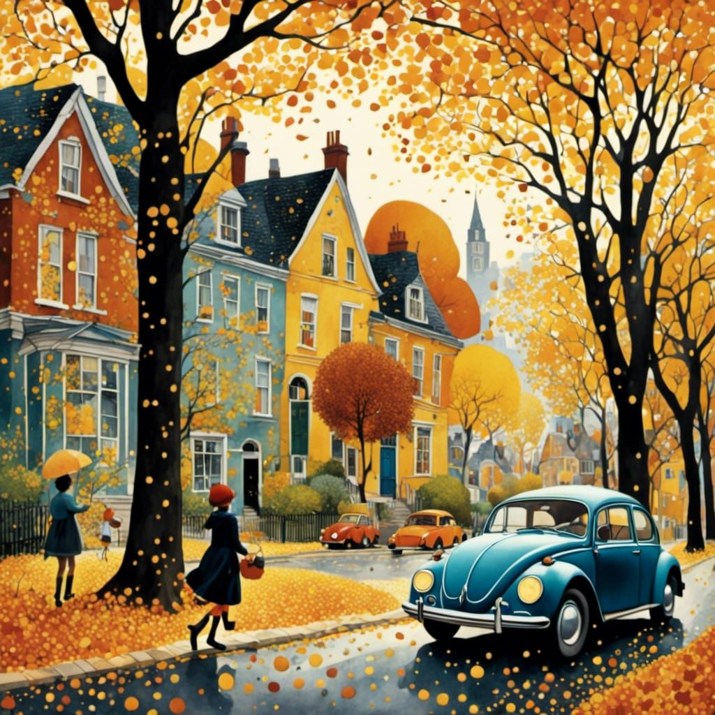 <lora:DarkPointillismXL:1.0> <lora:NightColorXL:1.0> Young english girl skipping home through the autumn tree-lined neighborhood from school...