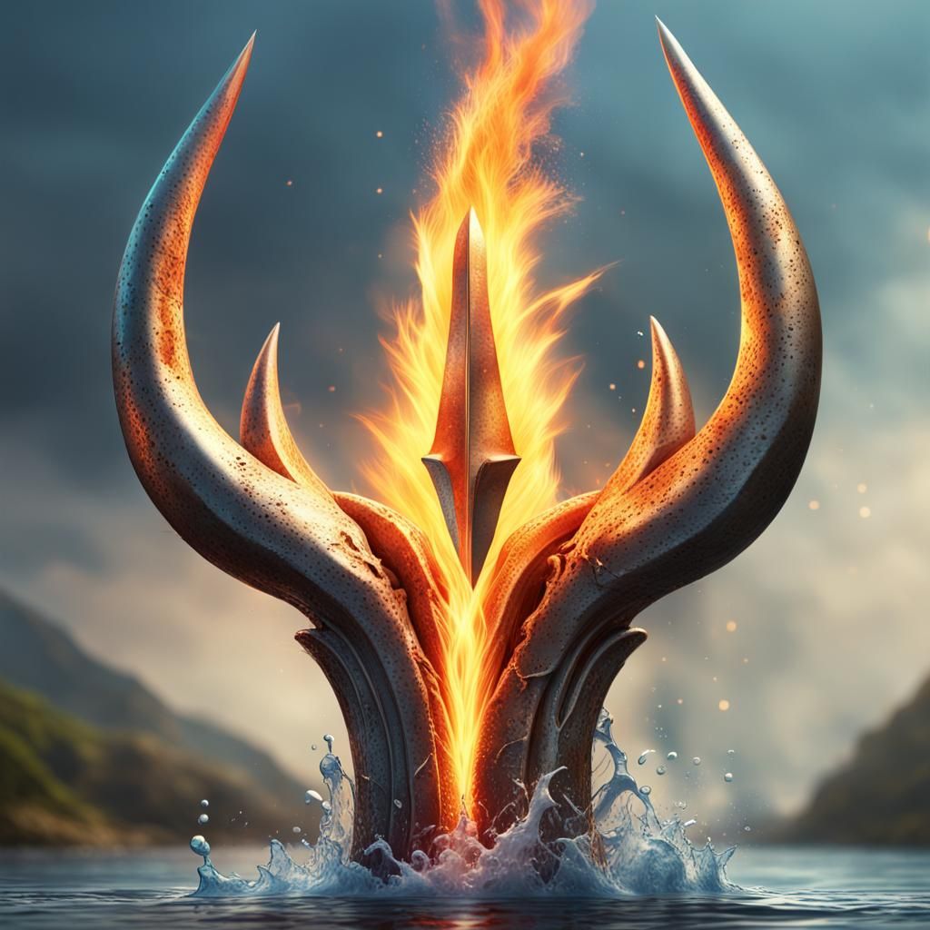 trident, three prongs, alone, on ground, magical, fire, water, wrapping around trident