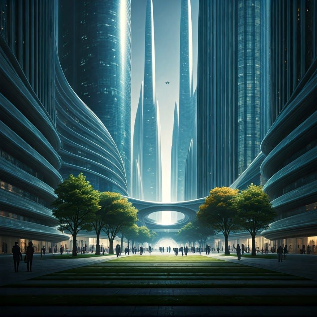 Luminous Futuristic Cityscape with Green Park Oasis
