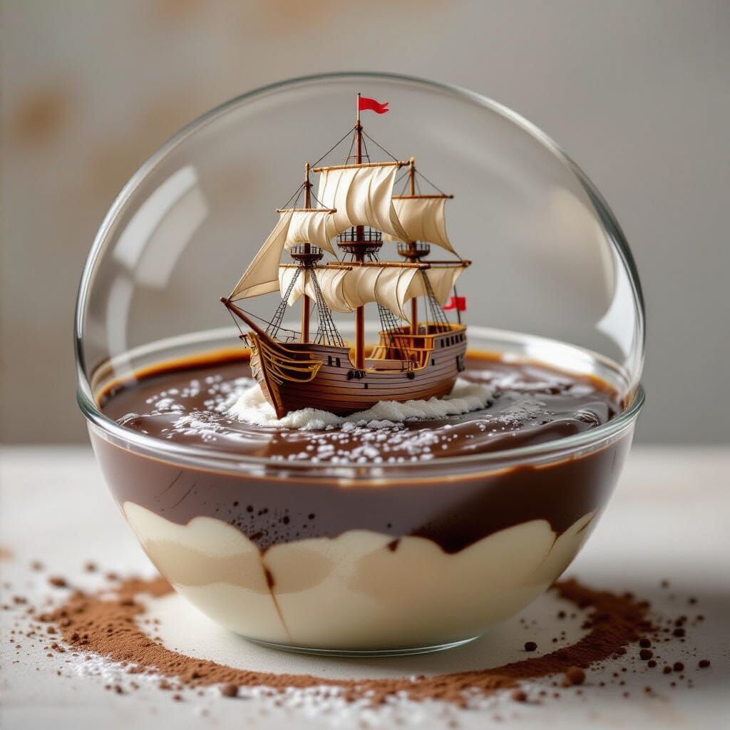 Tiny Boat Sails Chocolate River in Giant Dessert Bowl