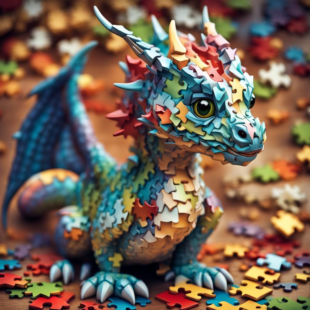 "Cute adorable dragon made of jigsaw puzzle pieces, , tiny legs, huge beautiful eyes, breathtaking fantasy ...  by @boxletter