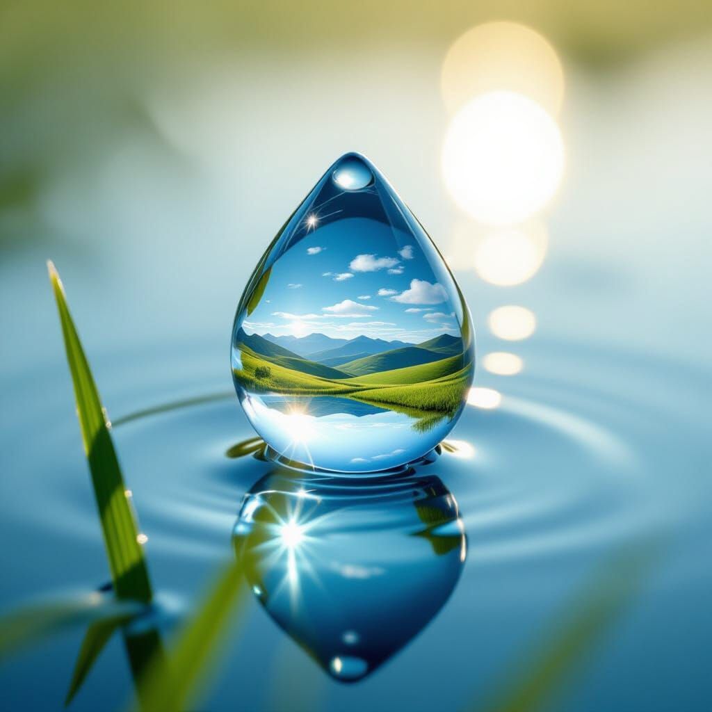 Hyperrealistic Dewdrop Reflecting a Miniature Landscape