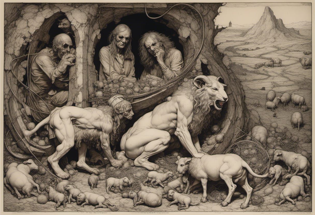 Surreal Landscape with Shepherds, Lions, and Rainbows