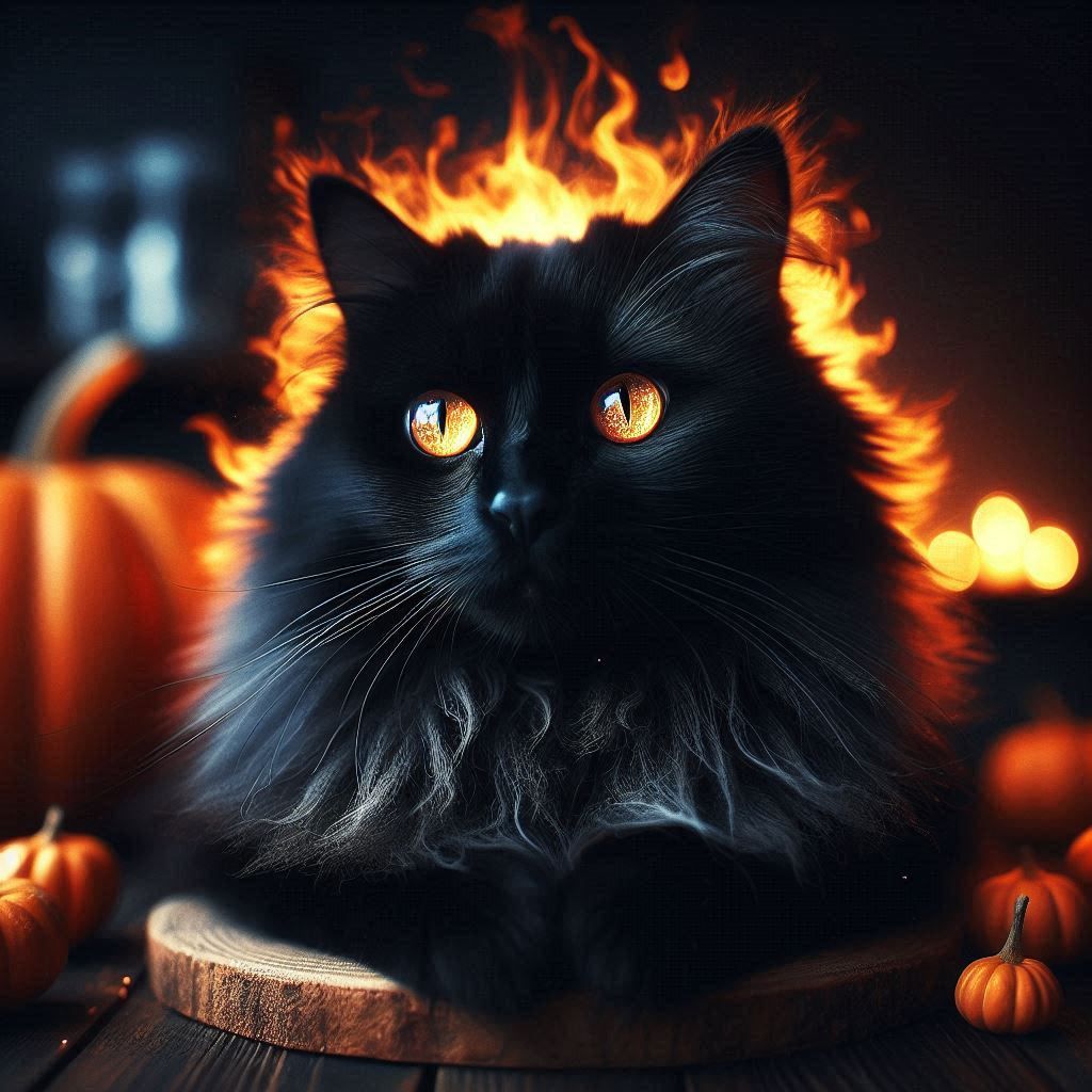 A beautiful black cat with flaming silver eyes