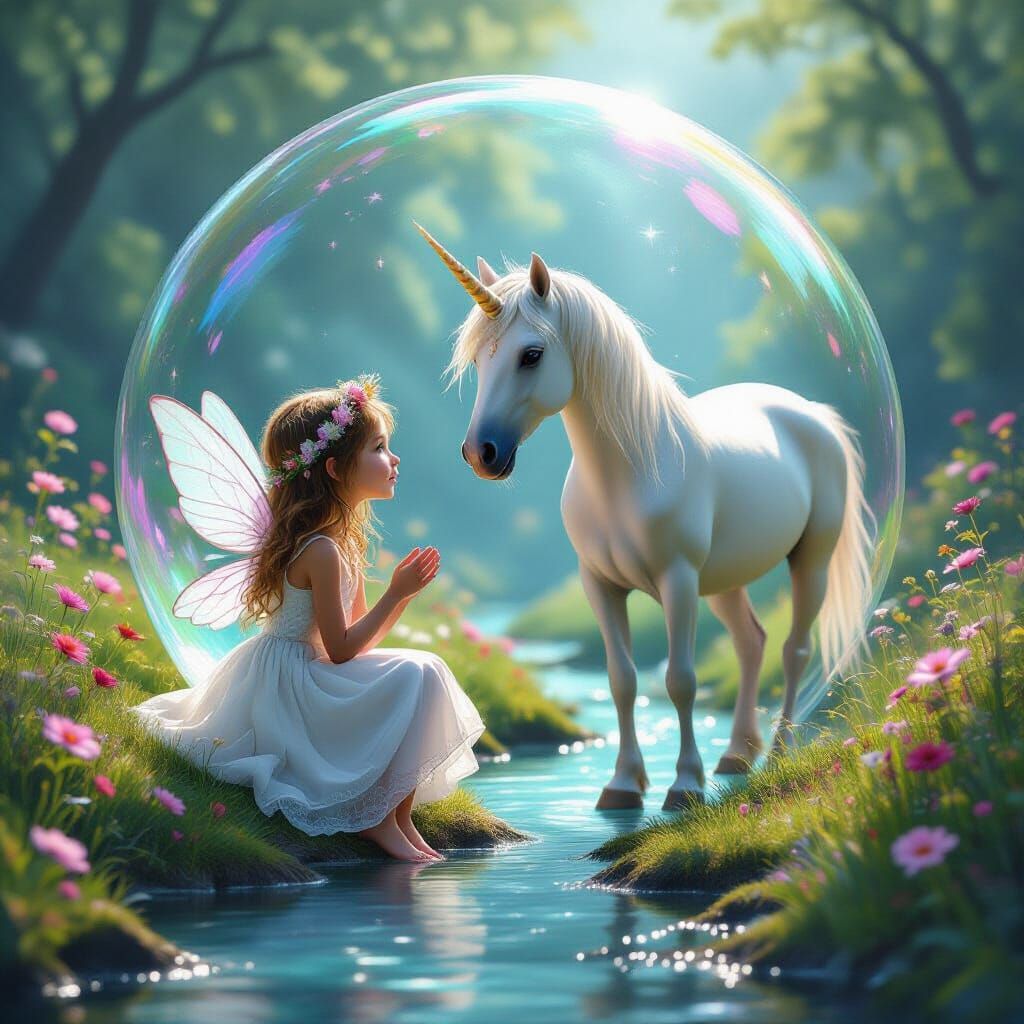 inside of a bubble in innocent fairy girl meets a beautiful unicorn next to a stream with lush flowers ...  by @Hummingbirdartiste