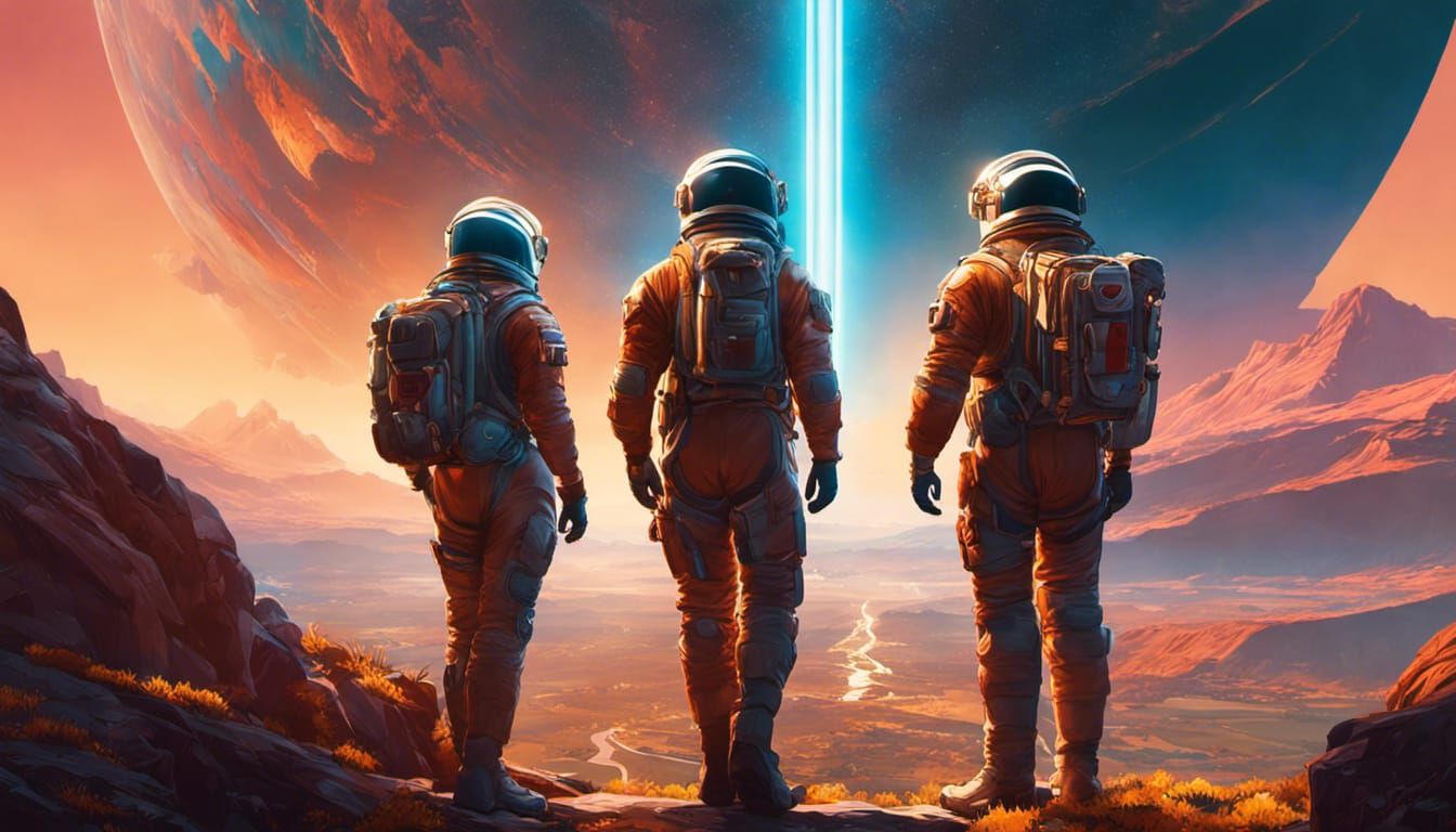 hollyday on distant planet, 4 astronauts family from behind,...