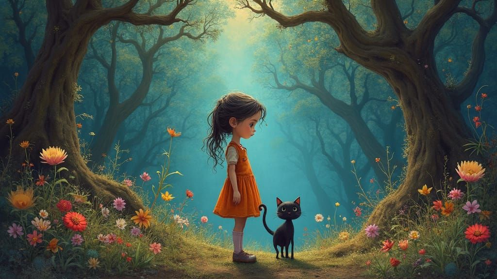 Surreal Whimsy: Young Girl and Cat in Enchanted Forest