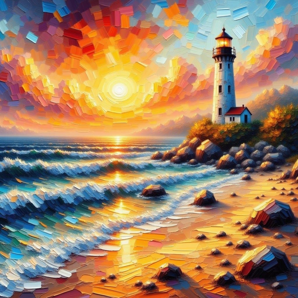 <lora:Oil:1.0> Impasto seascape with a lighthouse on a rocky outcrop. Golden sands, wild ocean. Sunset, breathtaking impasto 