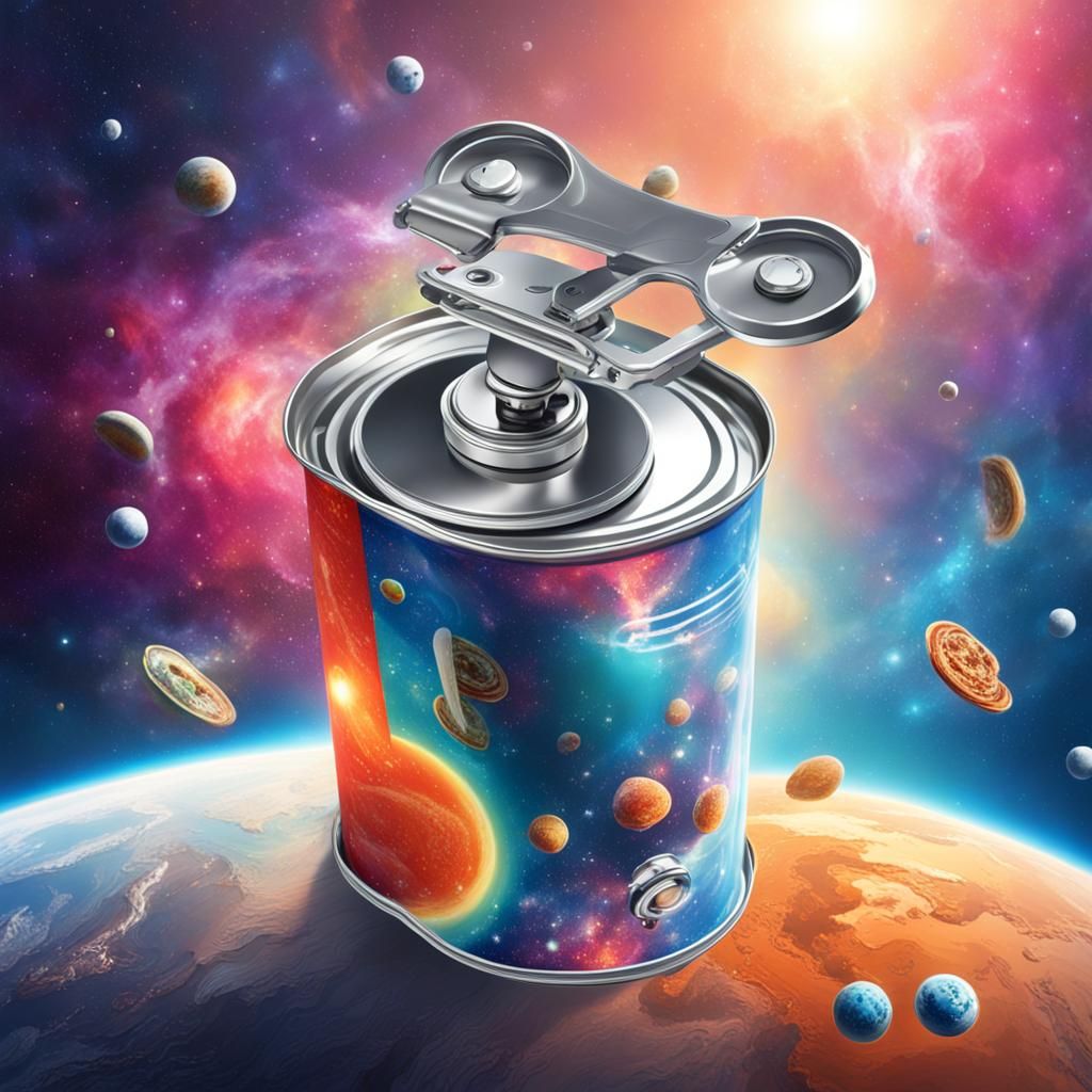 a can opener in space Hyperrealistic, splash art, concept ar...