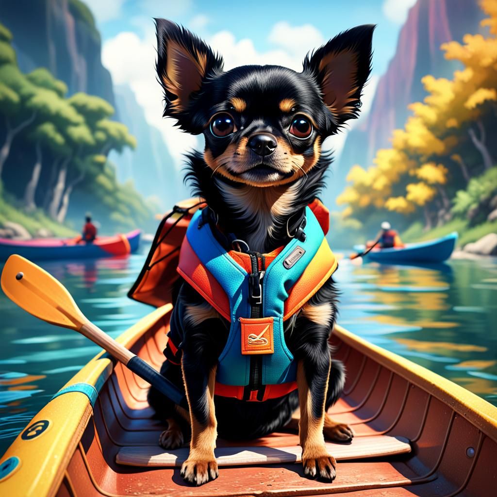 a cute little black Chihuhahua sitting in a colorful sports ...