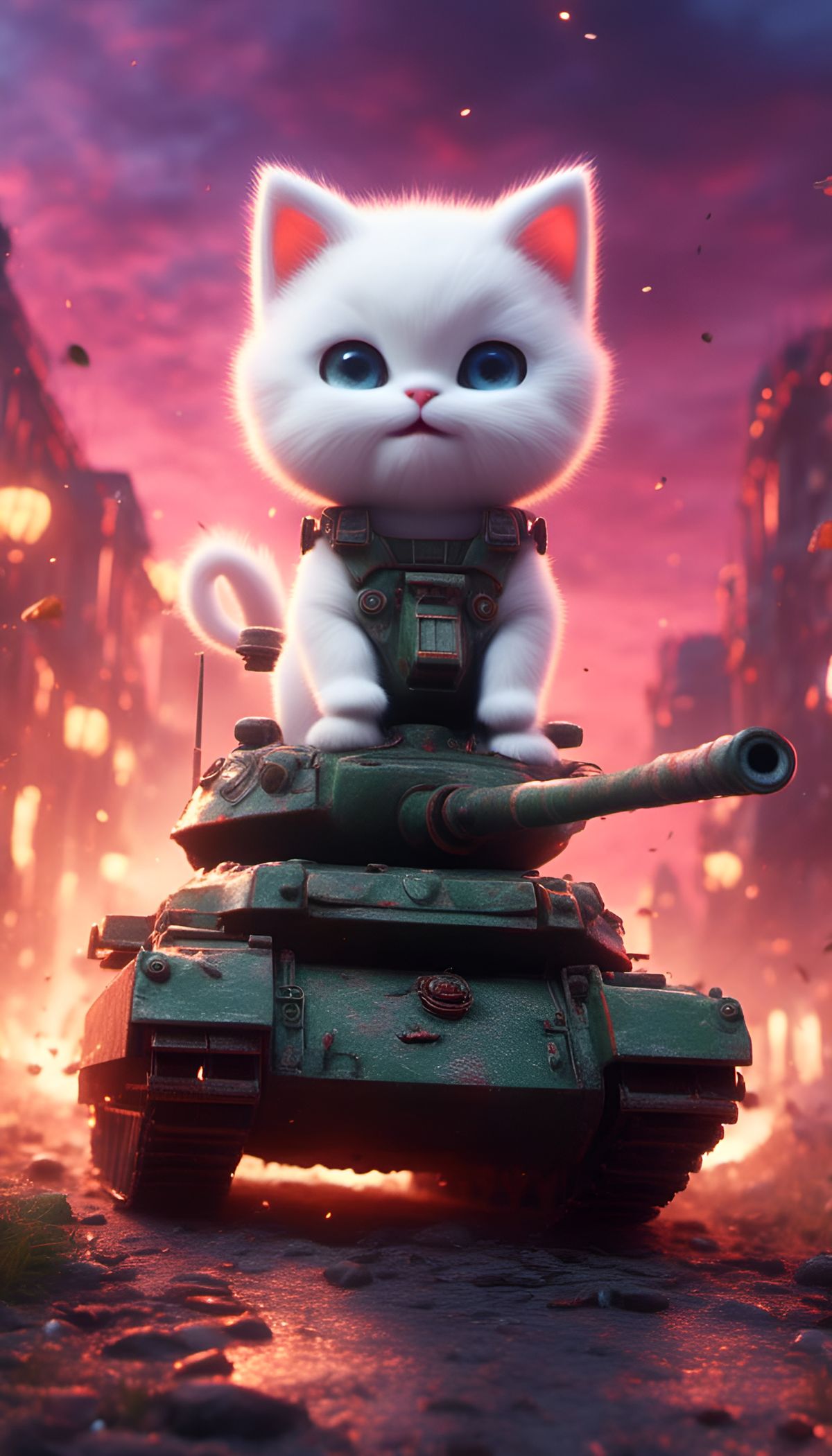 A photo of a white kitten riding a toy panzer tank AI Generated