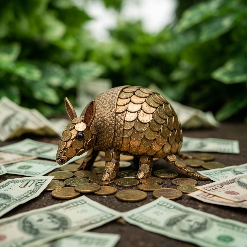 An armadillo made from coins in a jungle made from banknotes  by @Alison