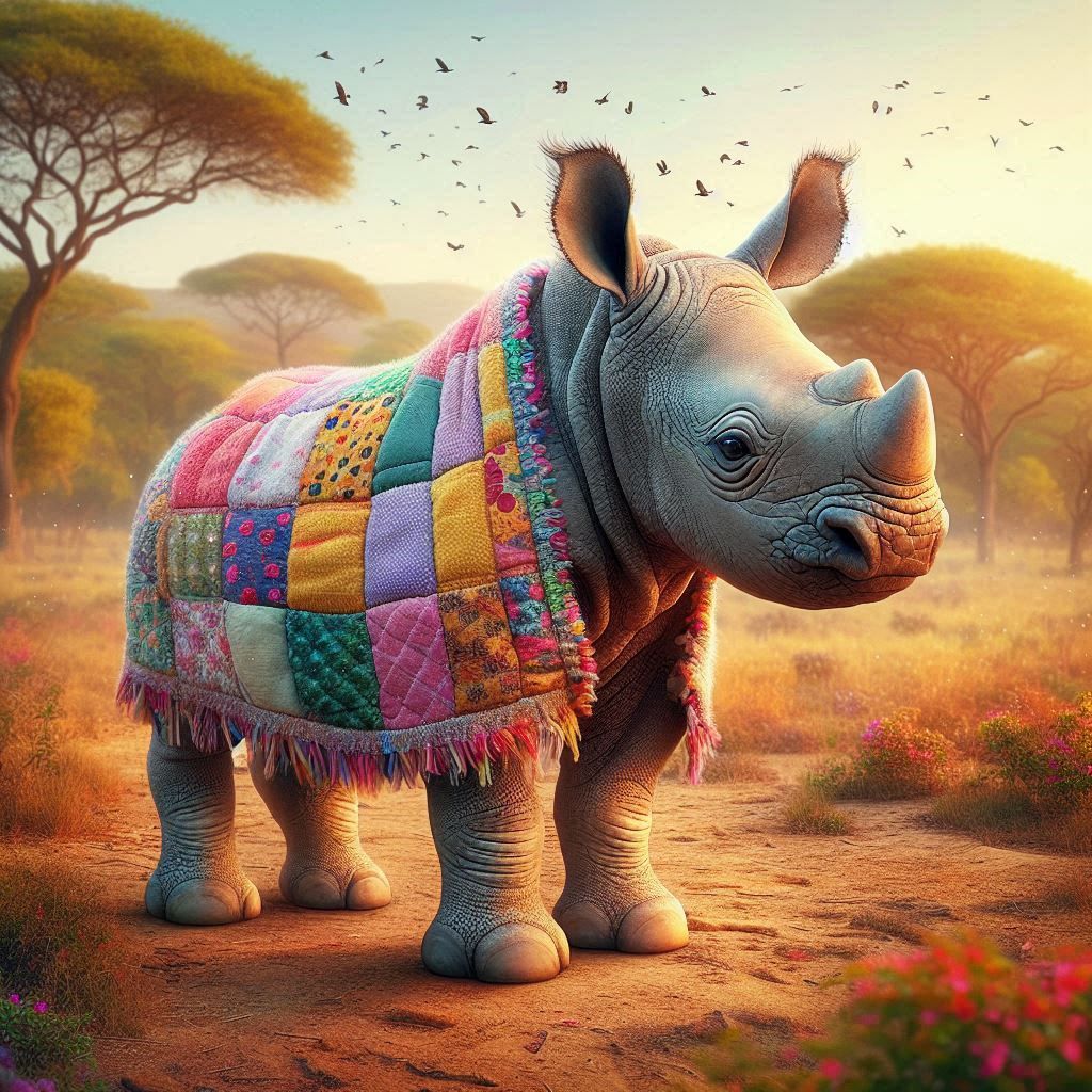 Adorable Baby Rhino with pathcwork quilt in the Savannah