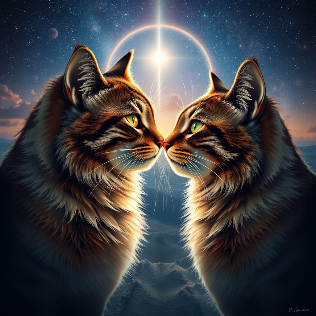 Majestic Cats Share Tender Moment in Radiant Landscape
