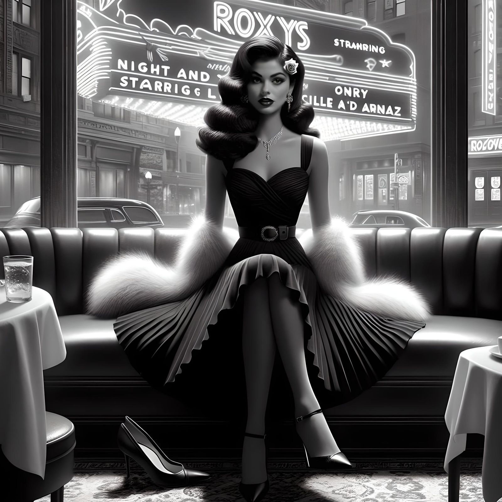 1950s Sin City movie style, monochromic photo with a  female...