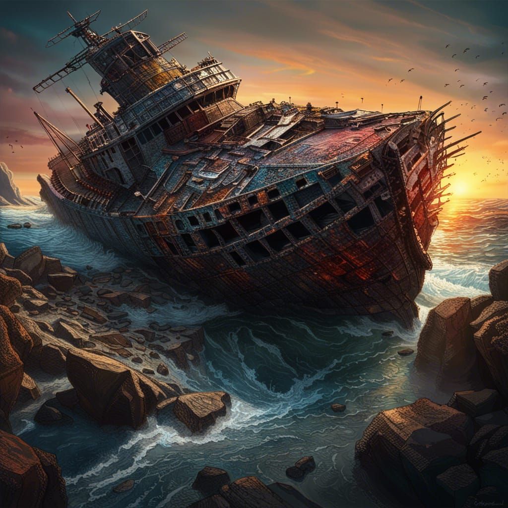 Wrecked ship on a rocky shore