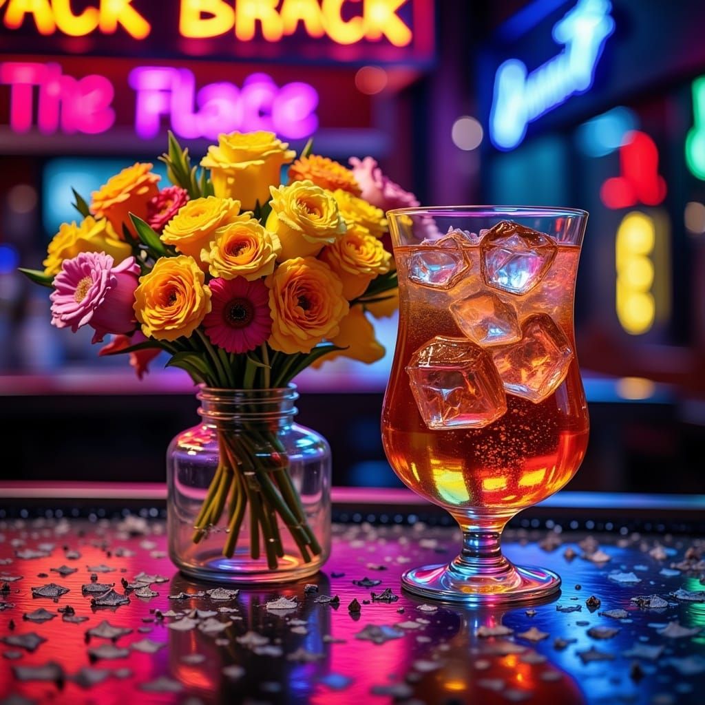 <lora:Van-MO Flux:1.0> Vibrant neon bouquet of flowers next to a fizzy drink on a bar top