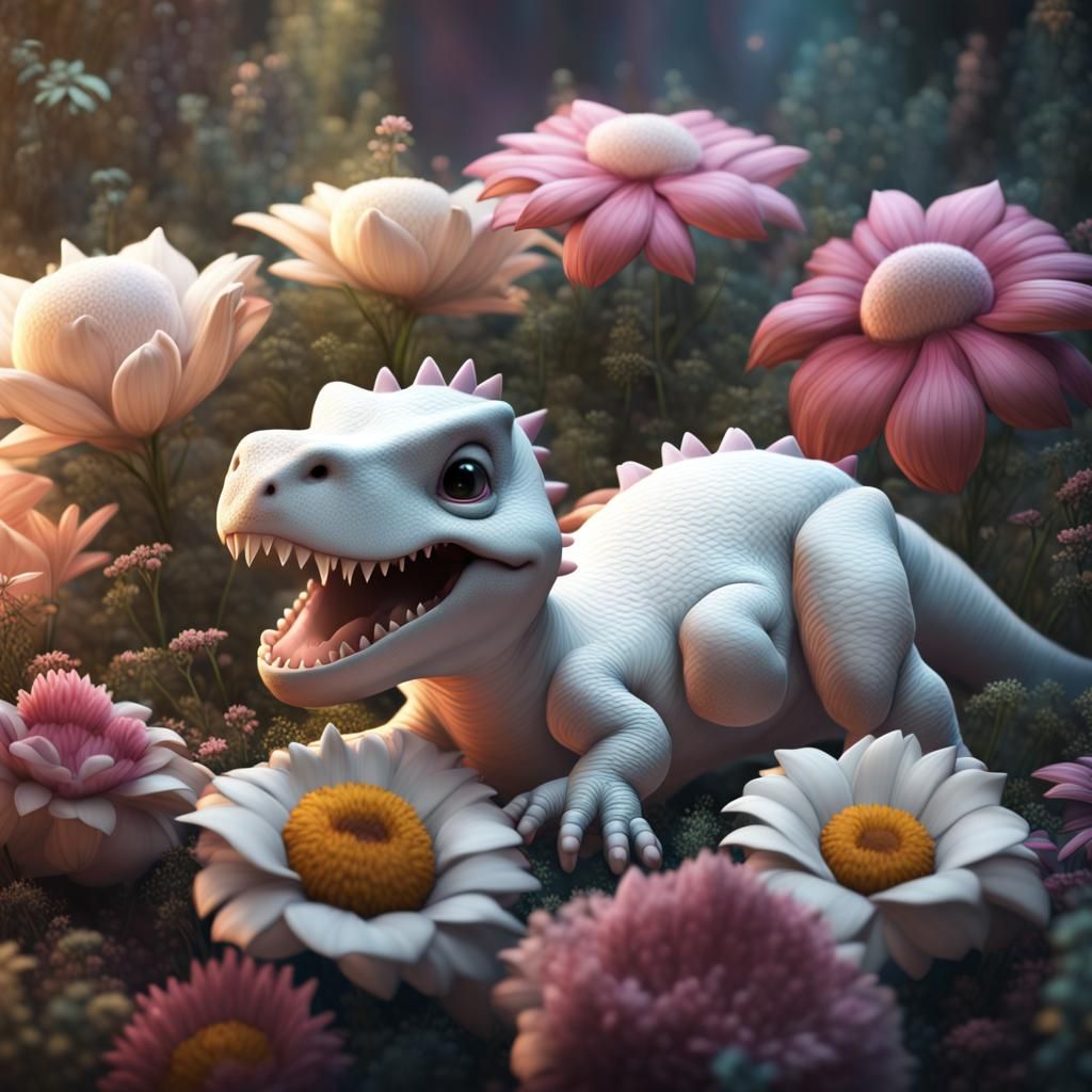 A realistic, cute, white baby dinosaur, sleeping with eyes c...