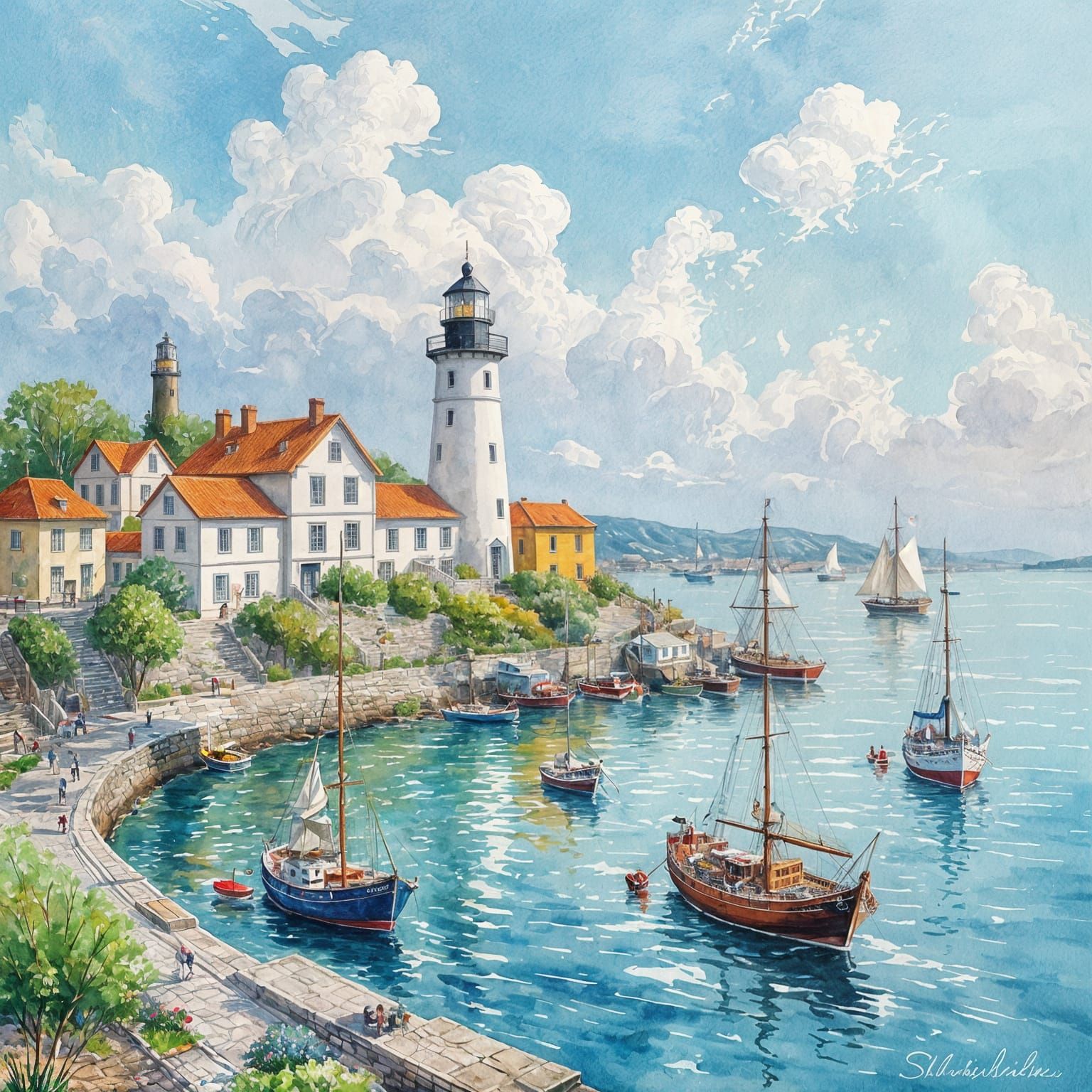 beautiful candlestick in the form of a city with a lighthouse and a bay with small detailed ships and ...  by @Likvi