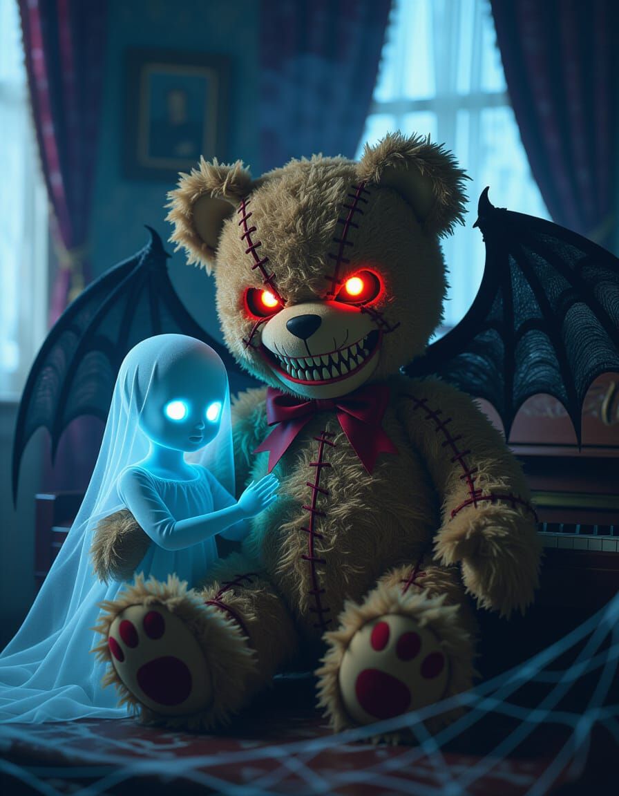 Evil teddy bear and ghost child  by @HecateWayne