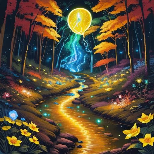 A painting of a winding stream running through a forest with...