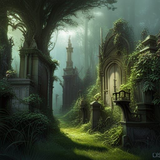 A cemetery, overgrown with vines - AI Generated Artwork - NightCafe Creator