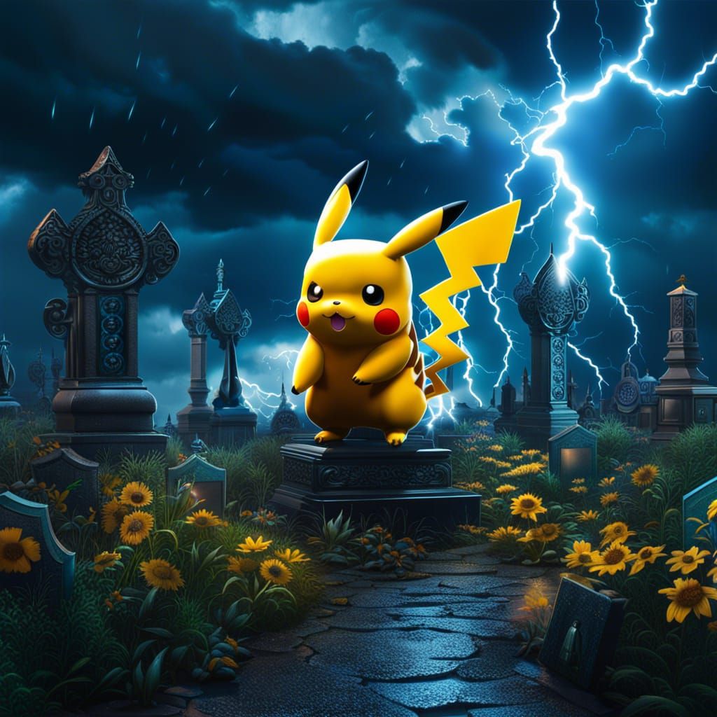 Pikachu in a graveyard
