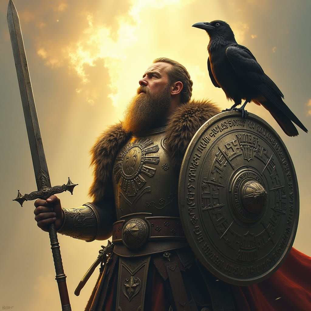 Sigtýr Rangifer lifting his sword on high, a raven on is shoulder, a quarter staff on hand with a targe ...  by @MK Thunderstone