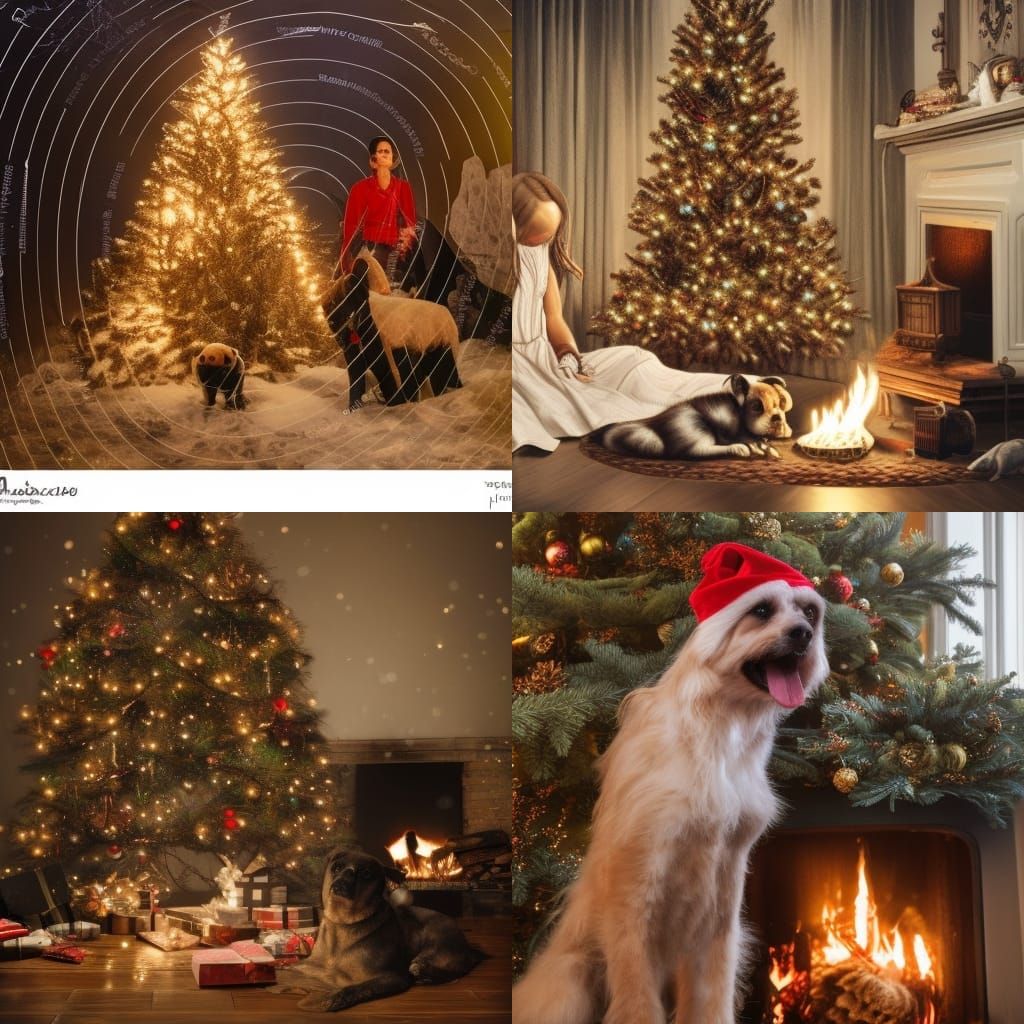 Family around a Christmas tree happy idyllic peaceful log fire ...