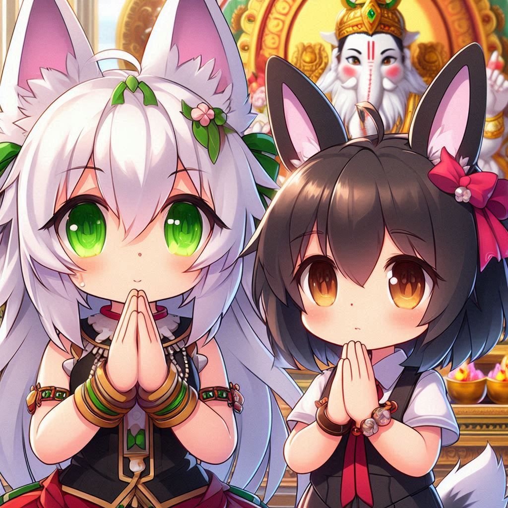Moon and Wolfie praying to Ganesha