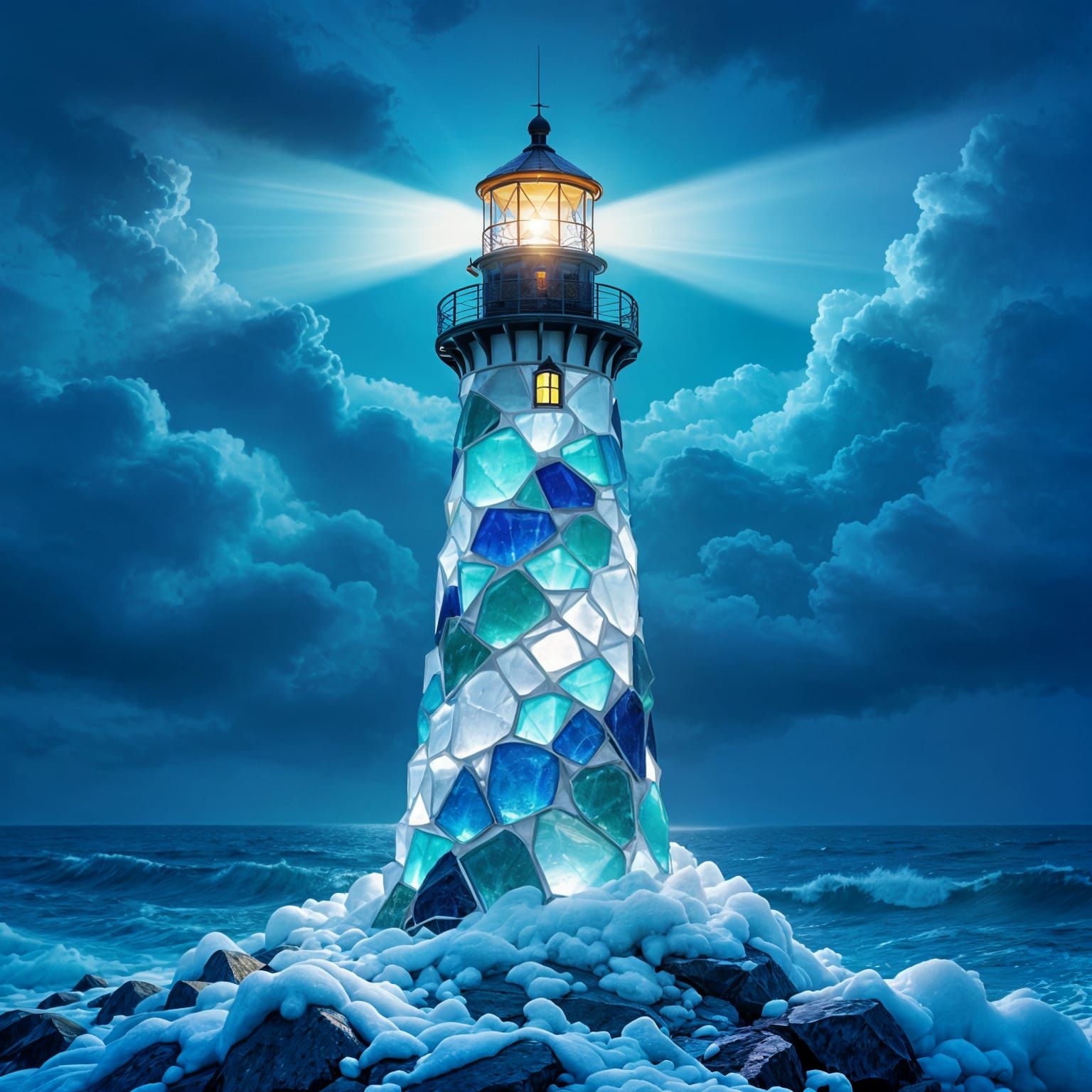 A breathtaking lighthouse, its tower intricately constructed from smooth, wave-tumbled sea glass in shades of emerald, sapphire, and amethys...