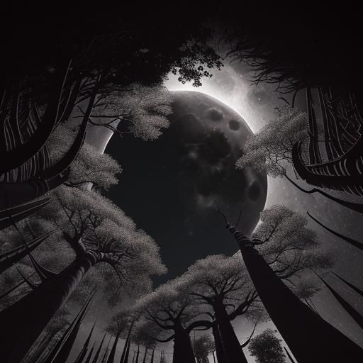 full moon view from the foot of tall baobab treesfull moon f...