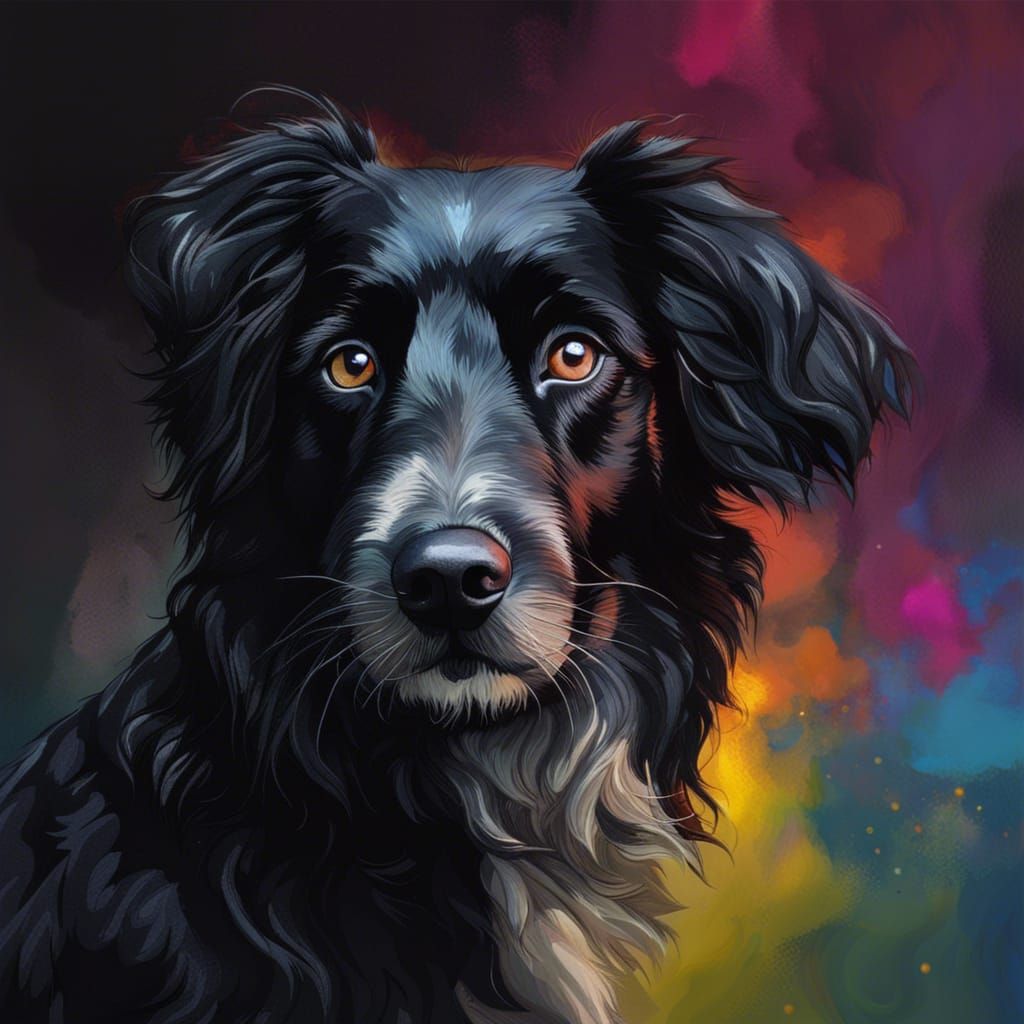 A black Stabyhoun (dog). The dog has a completely black head...