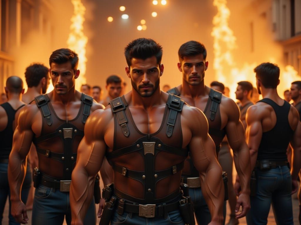 Muscular Police Officers in Leather Harnesses