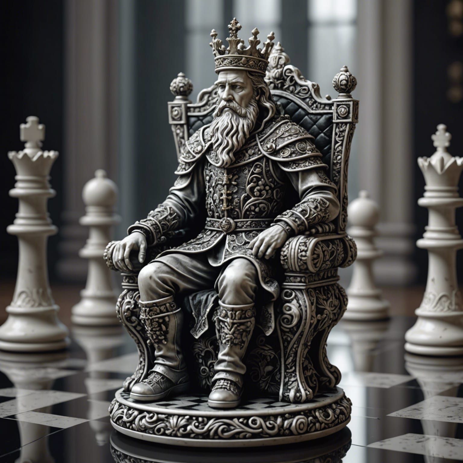 Perfect render of ornate sculpted king sitting on throne chess piece on glass chess board, hyperdetailed, ...  by @4tiram