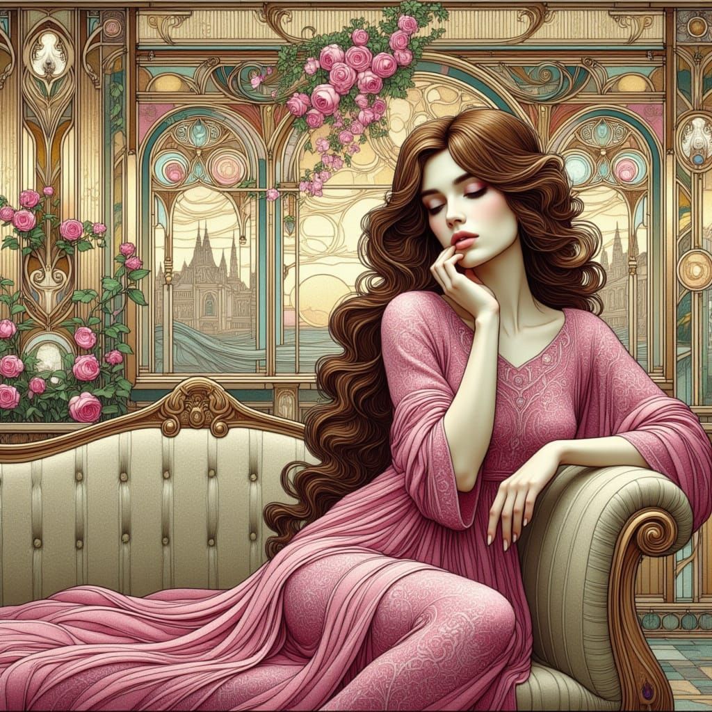 <lora:Art Nouveau:1.0> an image of a beautiful woman in art nouveau style, pink dress, long hair cascading over her shoulders, sitting on th...