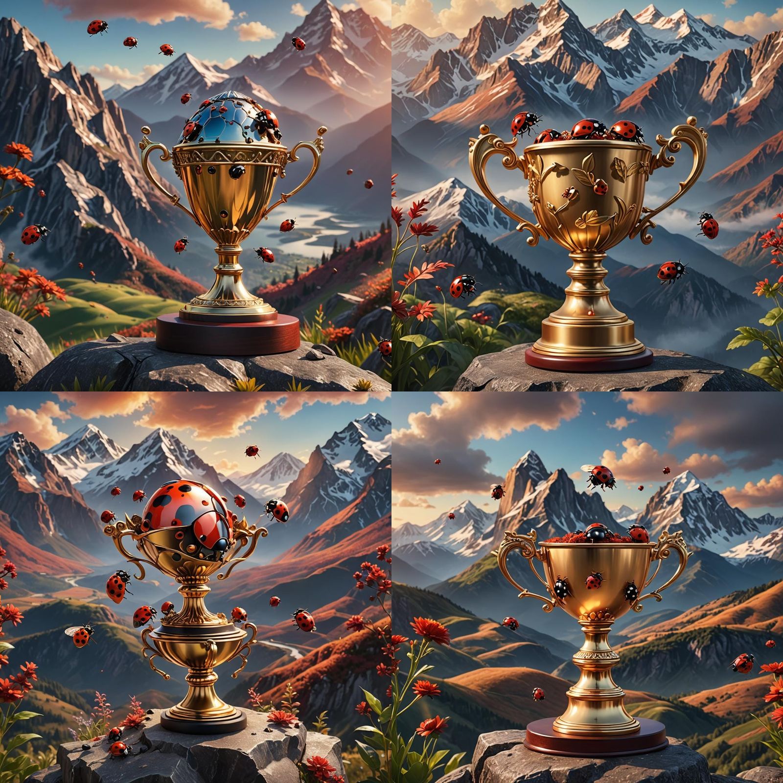 few ladybugs flying around trophy with background of mountai...