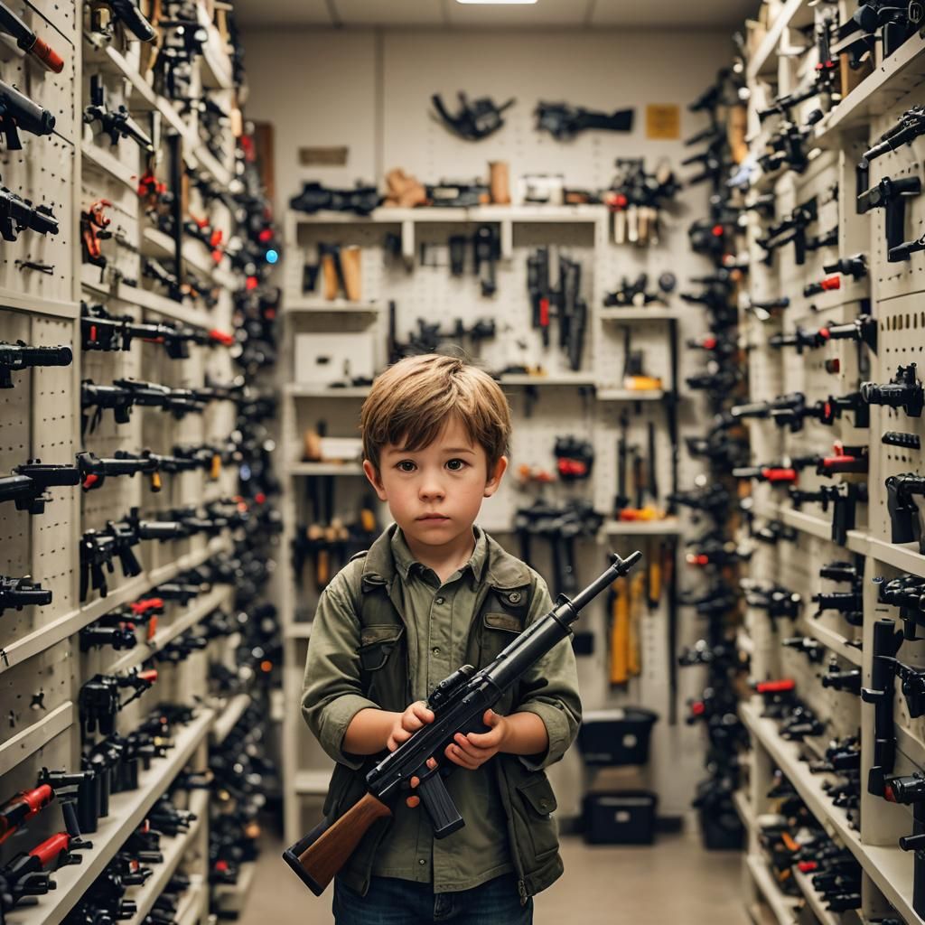 Little boy, in a weapon room