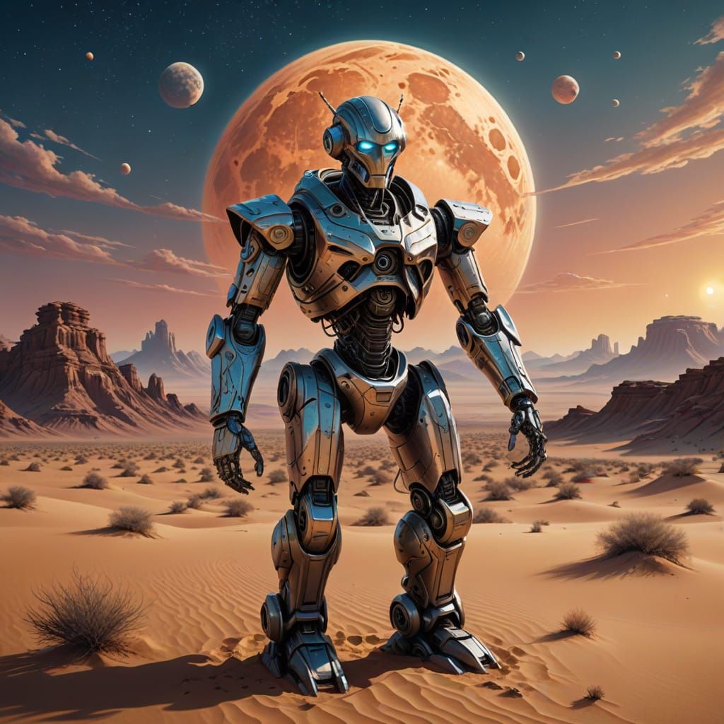 Airbrush art. Digital painting. A lone robot wanders through a vast, alien desert landscape under a sky with two moons. The robot is weather...