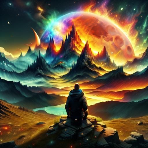 <lora:Insane light effects:1.0> close up of a man in a thinking posture deep in thought on the edge of a grassy cliff with water beneath and...