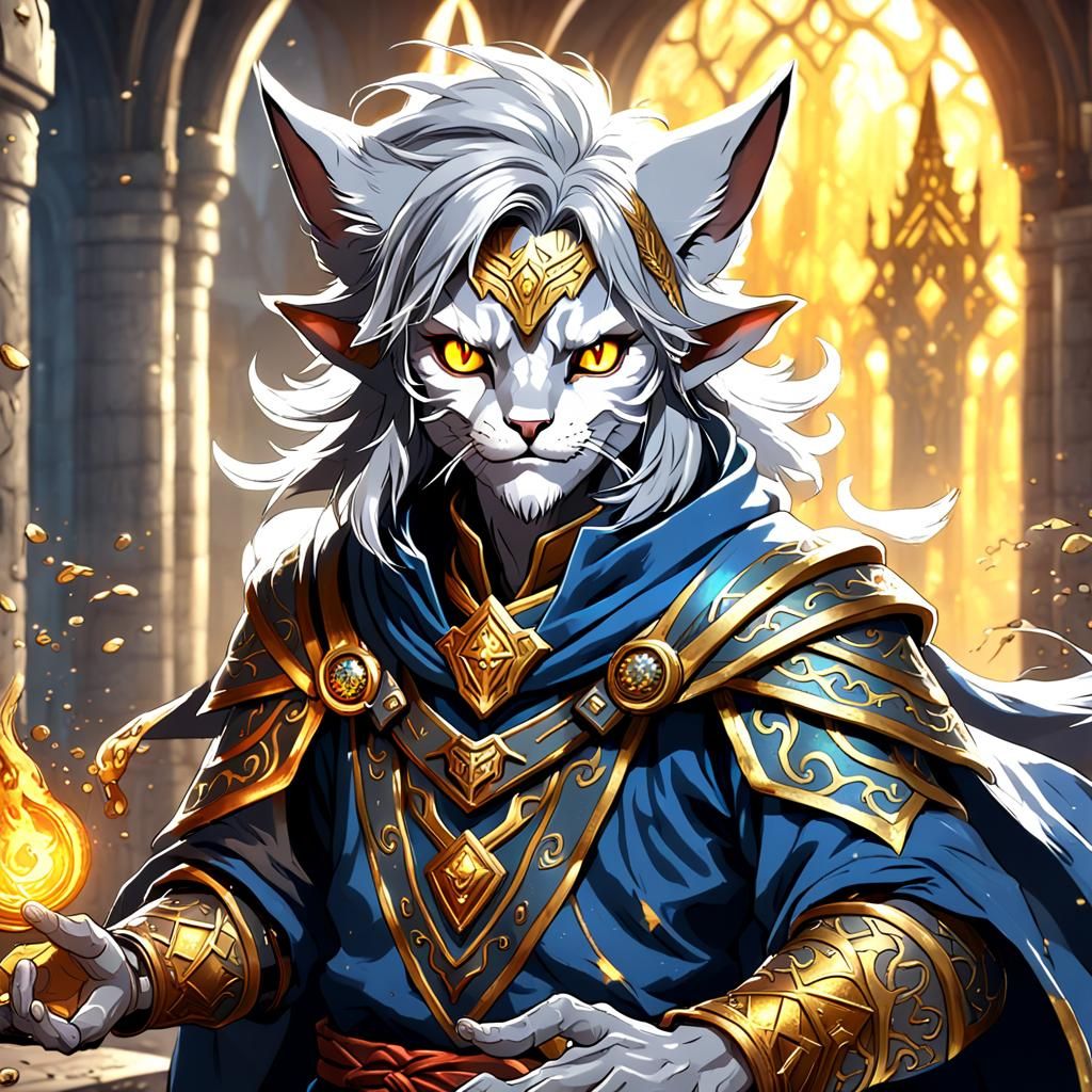 A Male Fae Bloodline Tabaxi Sorcerer with Gray Hair and Golden Eyes ...