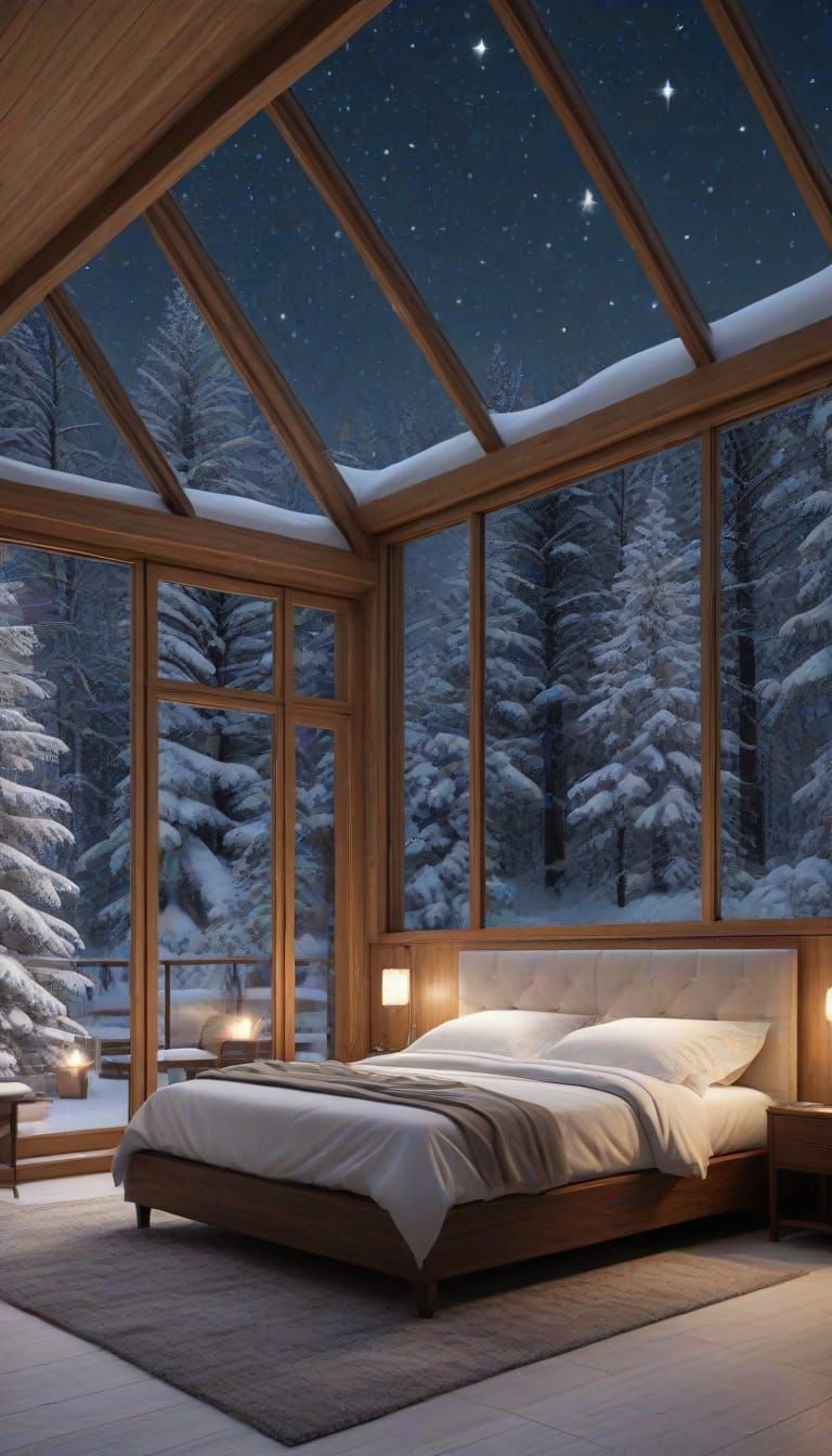 Elegant Winter Mansion with Snowy Night Sky