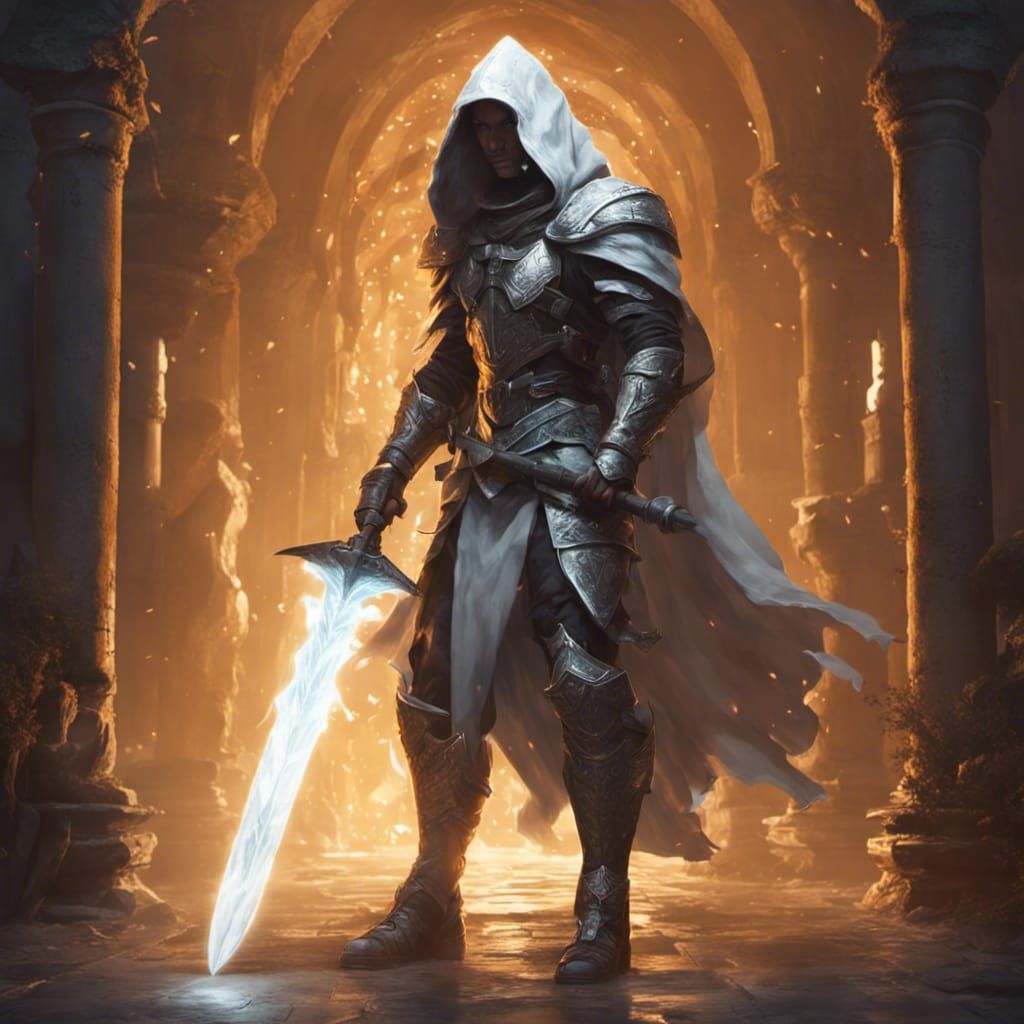 Hooded holy Tiefling Paladin holding a glowing white longswo...