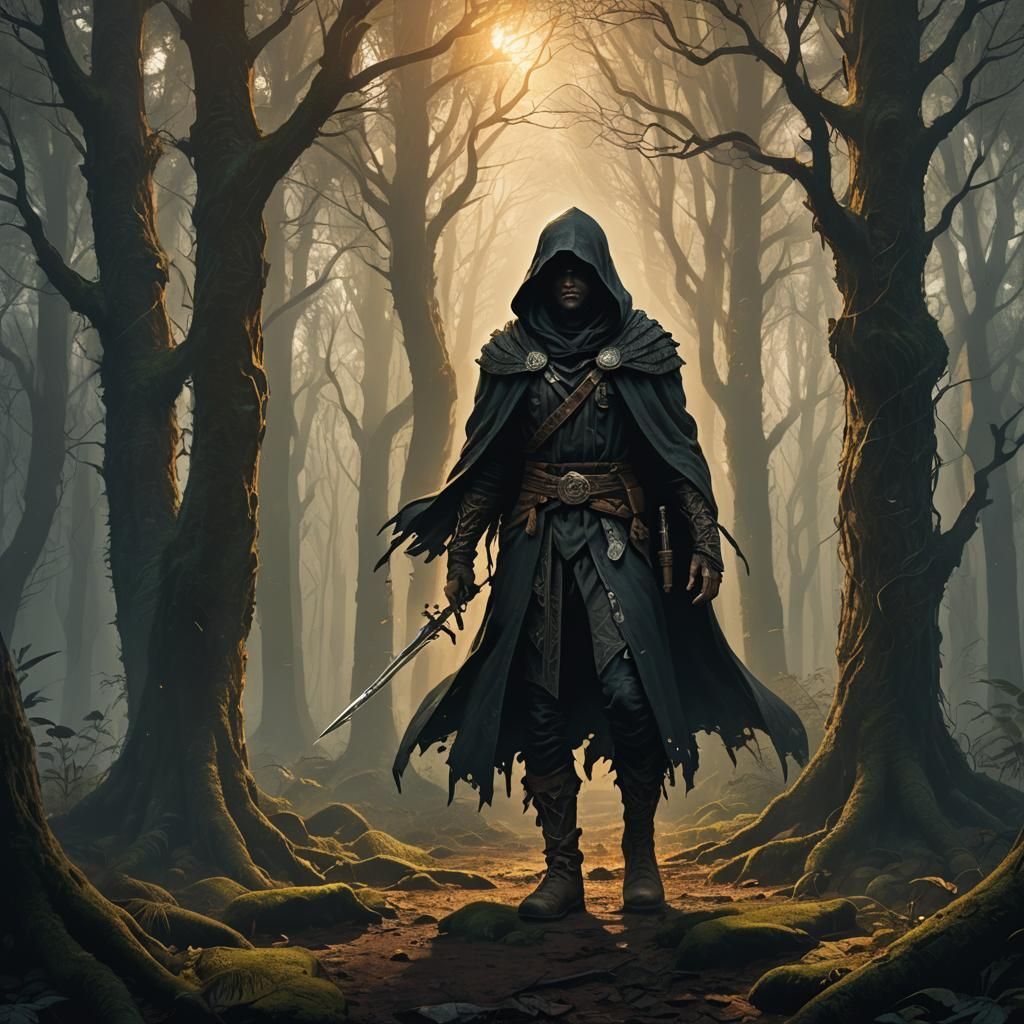 Mystical Forest Figure in Ominous Light